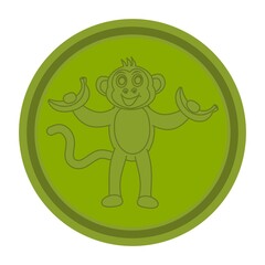 Monkey smiling and holding bananas in green color round icon