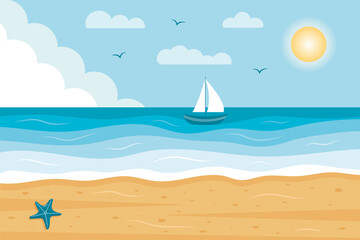 Seascape panorama with sailboat. Tropical beach with starfish. Paradise nature vacation, ocean or sea seashore.