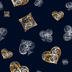 Vector seamless pattern with rambling Playing Card suits symbols made by floral elements. Illustration in golden, silver and black colors for casino banner, poker background, gambling design, label