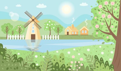 Summer landscape with mountains, trees, fields, river, houses, windmill and flowers. Panoramic countryside. Cute illustration in flat style.