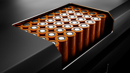 Lithium-ion battery assembled from 18650 cells with a cut in the case to show the contents. 3d render