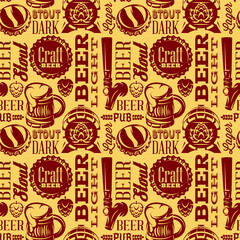 Seamless background for packaging design with set of elements and inscriptions on the theme of beer