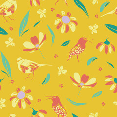 Vector Yellow salmon birds and leaves seamless patternd on a yellow background. Vector design for paper, cover, fabric, interior and other users