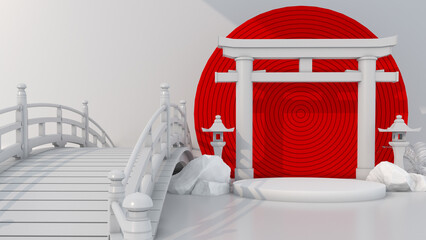 3D render Japanese gateway Torii white podium on Red Circle background for premium product - obrazy, fototapety, plakaty