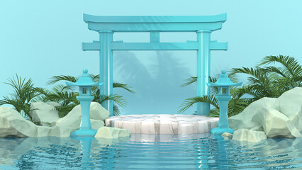 3D render Japanese gateway Tori white podium on blue background and water reflection for premium product