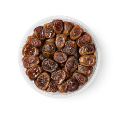 Plastic box with traditional Arabic Sukari dates isolated on white background 