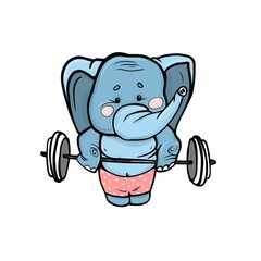Elephant weightlifter athlete cartoon character hand drawn color illustration