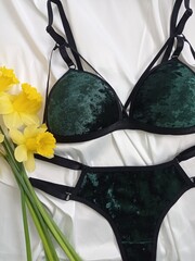 Set of lingerie made of green velvet. The background is white. Yellow flowers.