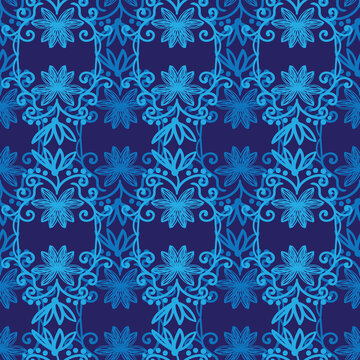 navy blue floral trellis seamless vector ornament