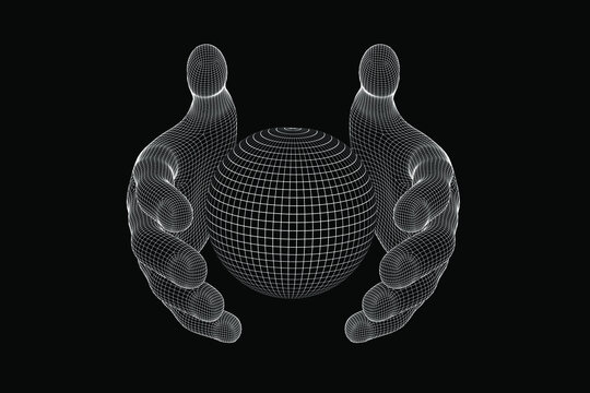 3d Geometric Hand Grid Futuristic Hand Holding World