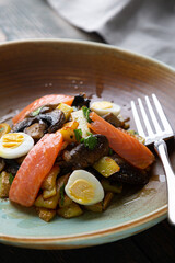Salad of fried potatoes, mushrooms and salmon