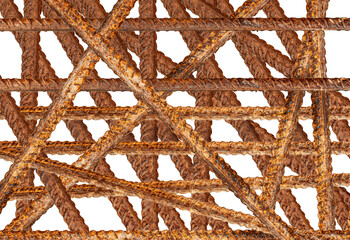 Metal rods in a chaotic manner with traces of rust on a white background