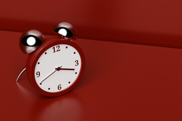 3d illustration red and white cartoon wake up alarm clock on isolated monochrome background