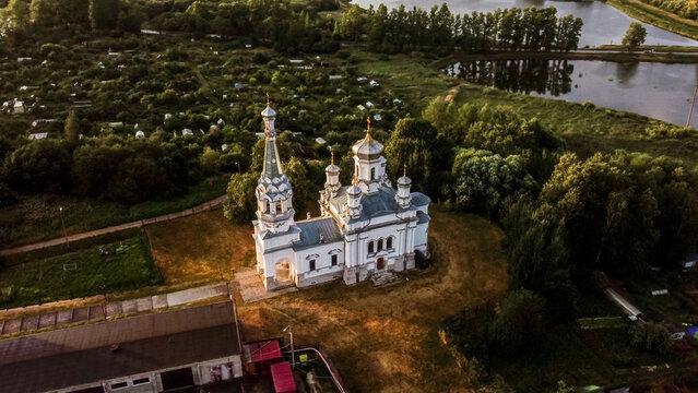  flight over the church of alexandra of rome in the lugovoy park of peterhof.