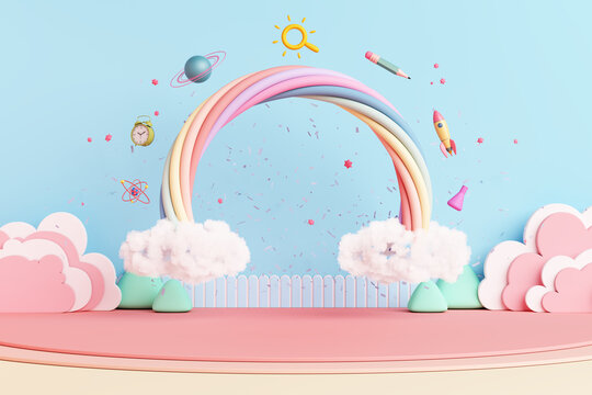 Stage Kids Cute Sweet Dreams Podium Pink Blue Playground Concept Creative Imagination With Rainbow Spaceship Sun Saturn Cloud Mountain Sky. Performances Shows Festival Fun Child Room. 3D Illustration.