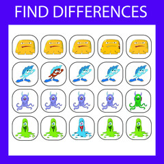 Developing activity for children - find the difference. Logic game for children. Find an extra monsters