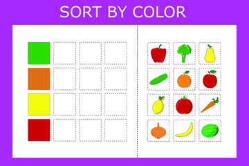 Connect the name of the color and the character of the vegetables and fruites. Logic game for children.