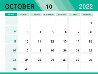 October 2022 template, Calendar 2022 template vector, planner monthly design, Desk calendar 2022, Wall calendar design, Minimal style, advertisement, poster, printing media, green background concept