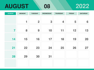 August 2022 template, Calendar 2022 template vector, planner monthly design, Desk calendar 2022, Wall calendar design, Minimal style, advertisement, poster, printing media, green background concept