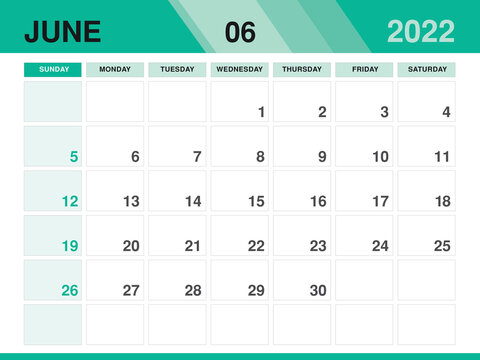 June 2022 template, Calendar 2022 template vector, planner monthly design, Desk calendar 2022, Wall calendar design, Minimal style, advertisement, poster, printing media, green background concept