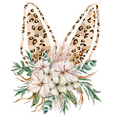 Watercolor leopard Easter floral bunny ears clipart on white background. Can be used for baptism invitation, Easter greeting card, first communion. Bunny ears, green eucalyptus leaves and pink bouquet