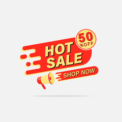 Hot Sale banner template design, promotion tag, with megaphone icon, geometric vector badge illustration.