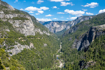 Bridalveil Falls & Yosemite Valley from Big Oak Flat Road, in Yosemite National Park, near Merced, California.