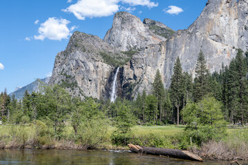Bridalveil Falls and Cathedral Spires, at Yosemite Valley View,  in Yosemite National Park, near Merced, California.