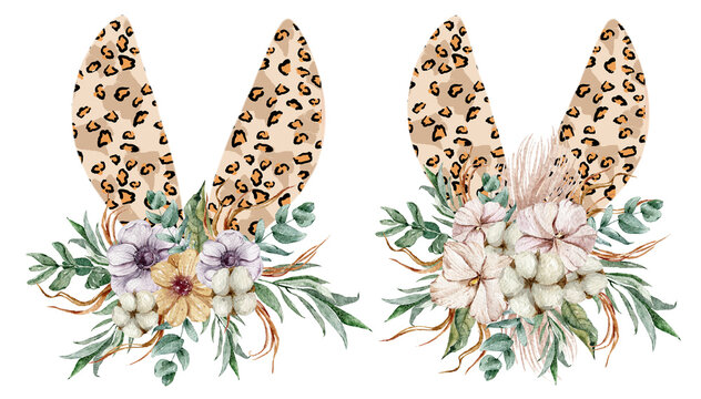 Watercolor leopard Easter floral bunny ears clipart on white background. Can be used for baptism invitation, Easter greeting card, first communion. Bunny ears, green eucalyptus leaves and pink bouquet