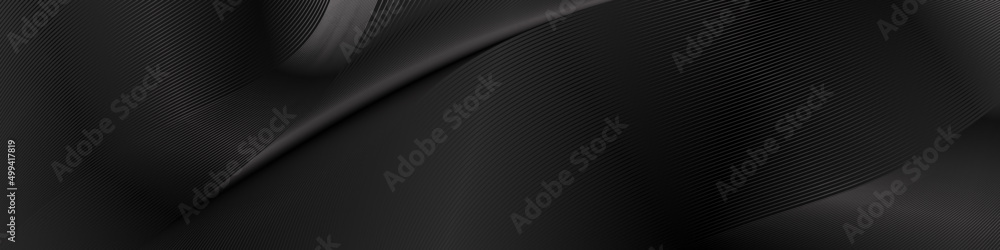 Poster Black abstract wavy line pattern background design. Modern premium stripe guilloche curves texture for web banner, business background. Monochrome colors dark horizontal vector template.