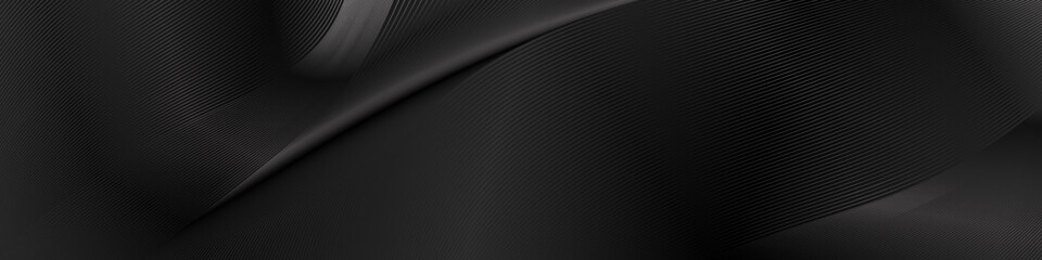 Black abstract wavy line pattern background design. Modern premium stripe guilloche curves texture for web banner, business background. Monochrome colors dark horizontal vector template.