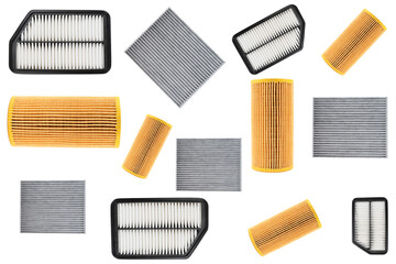 Oil filter, air filter and cabin filter isolated on white background with clipping path. Spare parts of a car isolated. Quality spare parts for car service or maintenance. Auto parts accessories