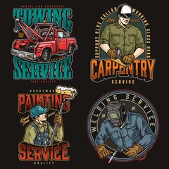 Obraz premium Working men and tow truck labels set