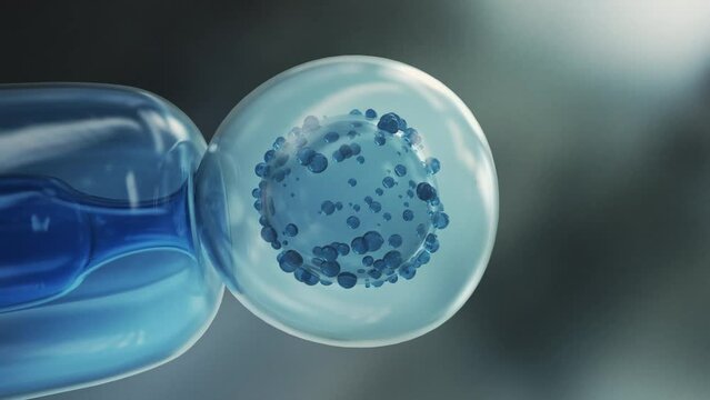 Needle insertion biological material through a membrane into a cell. Medical cinematic macro 3d animation of a stem cell injection.