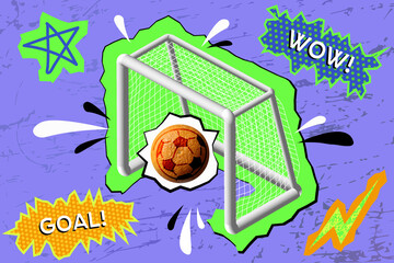 A ball flies into the gate. Scoring goal. Lilac background in pop art style, retro, comic