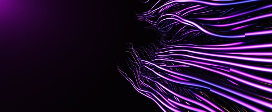 Purple abstract tentacles in dark. Futuristic 3d render roots with neon and blue highlights stretch towards shimmery light. An ancient alien monster is approaching surface
