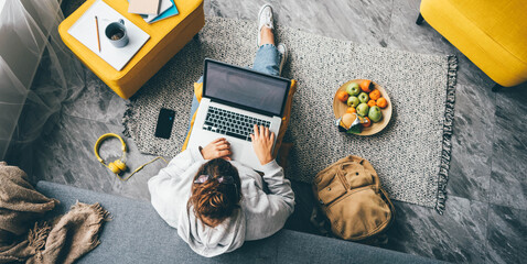 Young woman using laptop computer at home. Freelance, student lifestyle, education, technology concept.