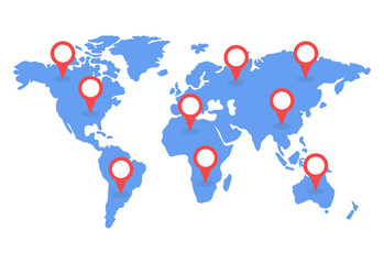 World map with pointer signs. Vector illustration.