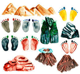 Watercolor set of natural mountain landscapes and human footprints