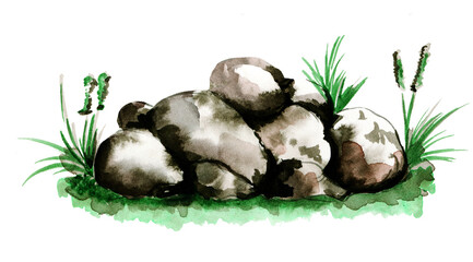Watercolor heap of natural grey stones, oval boulders among green grass. Sketch isolated on white background.