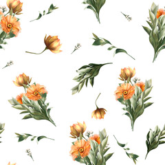 Flowers bouquets seamless pattern. Cartoon floral texture on white background.
