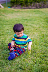 Kid sit thoughtful on the grass with idea space. Cute baby boy in a striped colorful t shirt sit and play in the garden on a Sunny summer day. Little child sit and playing dry leaves in the park.