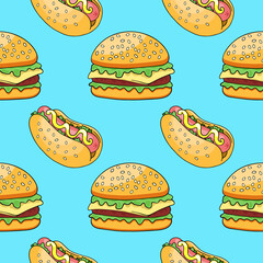 Cheeseburger or hamburger and hot dog, traditional American food, vector seamless pattern, hand-drawn