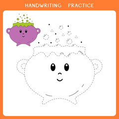 Handwriting practice sheet. Simple educational game for kids. Vector illustration of cute witch cookware with potion for coloring book