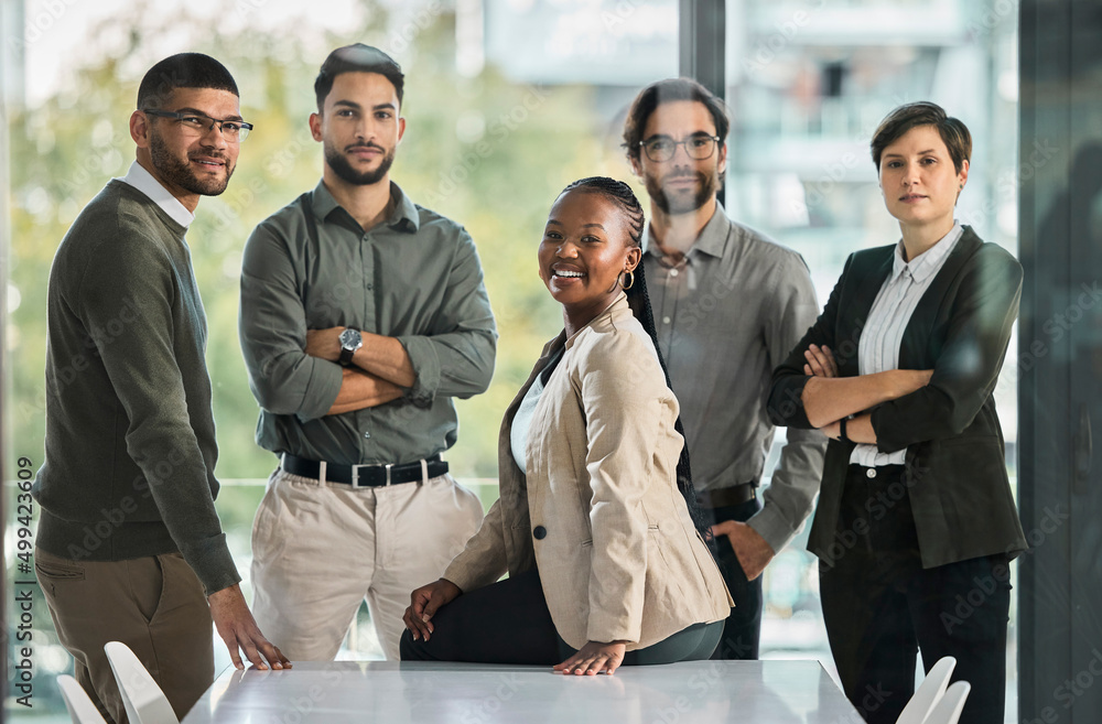 Poster count down to the change in lifes soon to come. portrait of a group of businesspeople having a quick