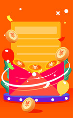 The character is inside an envelope surrounded by gold coins and coupons, vector illustration