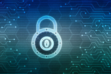 Digital Padlock on abstract technology background, Technology security concept. Modern safety digital background. Protection system, Cyber Security and safety information, personal data concept