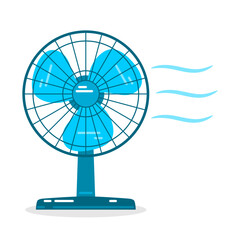 Blue electric table fan with cool breeze on white background flat vector icon design. - obrazy, fototapety, plakaty