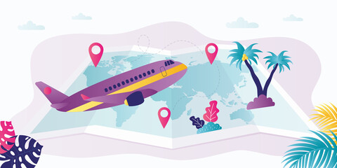 Airplane flies to destination on map. Time to travel. Plane transport passengers on vacation to warm country