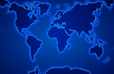 World map with illuminated continents on a blue background